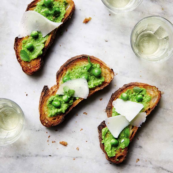 Sweet pea crostini with pecorino
