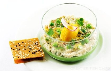 Sweet pea panna cotta with crab and cicely, mango and dashi sorbet, brown crab toast