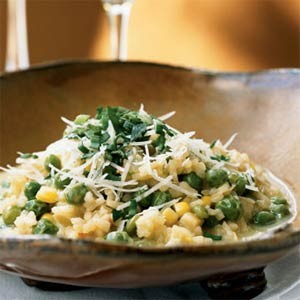 Sweet pea risotto with corn broth