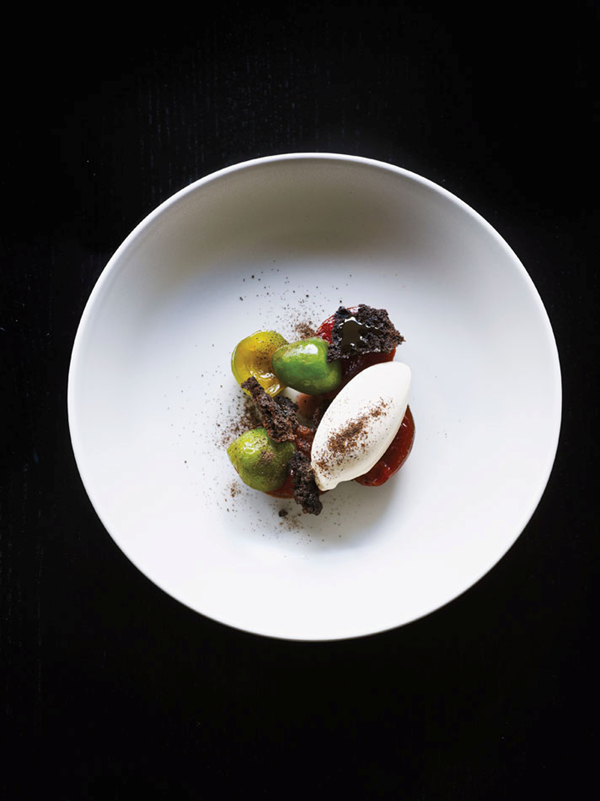 Sweet pickled plums with salted caramel ice cream, crunchy malt bread & turnip syrup