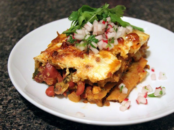 Sweet plantain 'lasagna' (Pastelón) with radish salsa