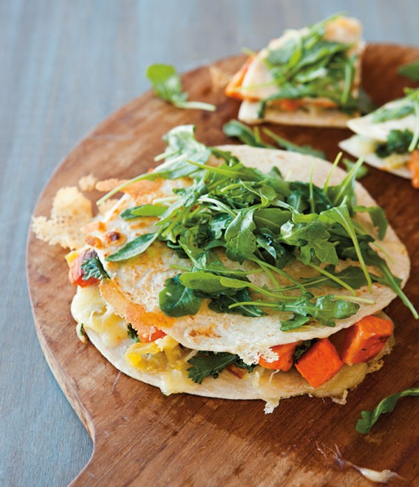Sweet potato & green chile quesadillas with arugula