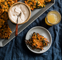 Sweet potato & kale fritters with kimchi