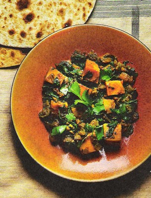 Sweet potato and aubergine subji with a red onion and coriander raita