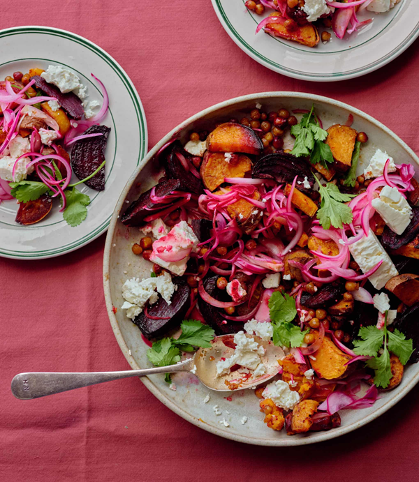 Sweet potato and beetroot with chickpeas and feta