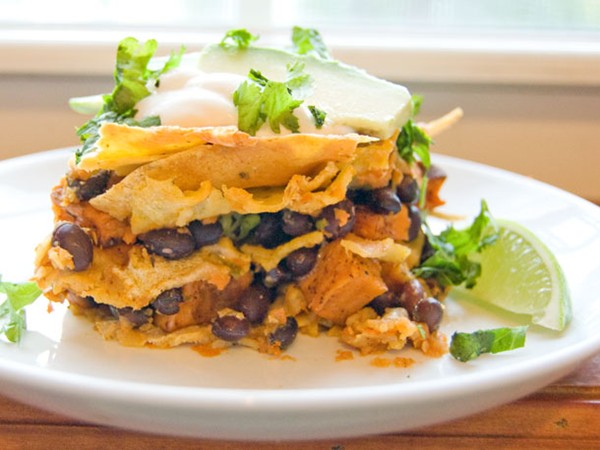Sweet potato and black bean chilaquiles