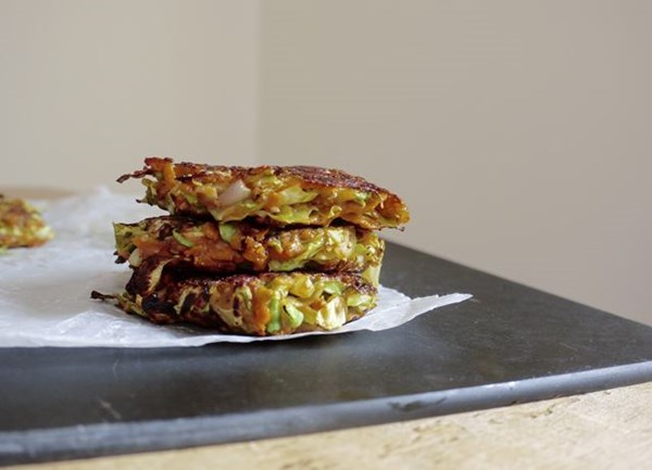 Sweet potato and cabbage pancakes (Okonomiyaki)