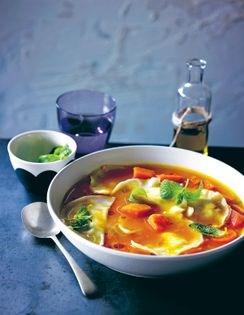 Sweet potato and carrot soup with cheesy agnolotti