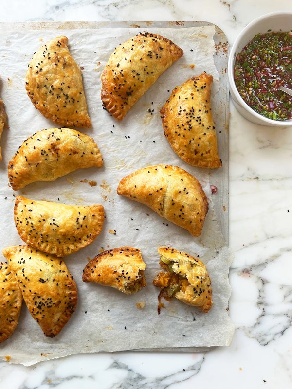 Sweet potato and cheddar empanadas with coriander salsa