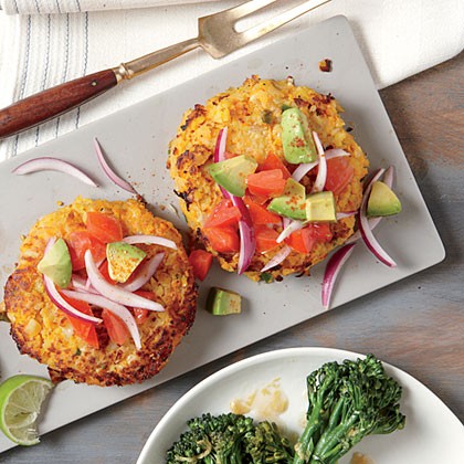 Sweet potato and chickpea cakes with avocado salsa