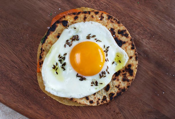 Sweet potato and cilantro quesadilla with fried egg and cumin oil