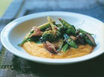 Sweet potato and coconut polenta with Asian vegetable fricassés