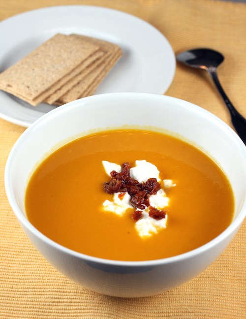 Sweet potato and cumin soup with feta yogurt