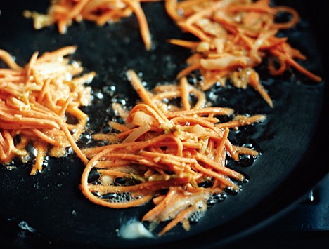 Sweet-potato and kimchi pancakes