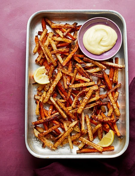 Sweet potato and kohlrabi fries with wasabi mayo