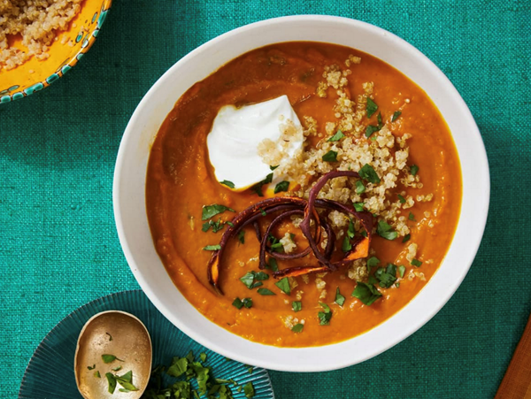 Sweet potato and leek soup with crispy potato skins