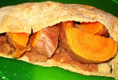 Sweet potato and refried bean pitas