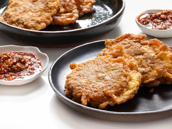 Sweet potato and sausage jeon with yangnyeom dipping sauce