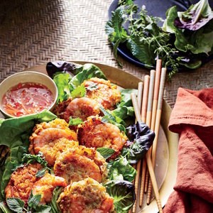 Sweet potato and shrimp cakes with nuoc cham