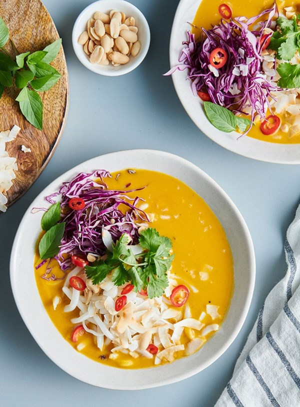Sweet potato and yellow curry noodle soup with udon noodles