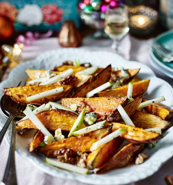 Sweet potato, apple and Stilton salad with candied walnuts