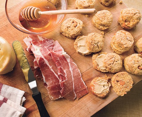 Sweet potato biscuits with ham, mustard, and honey
