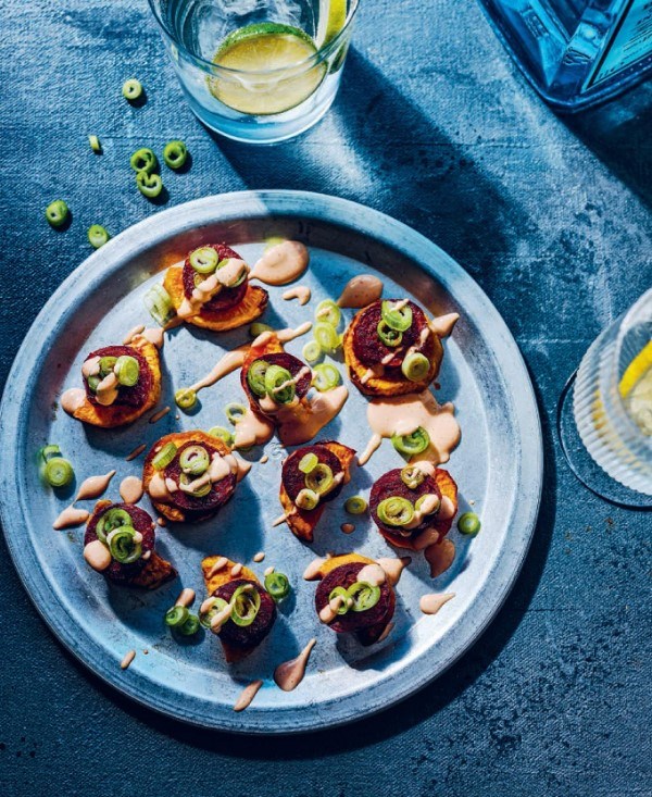Sweet potato bites with chorizo, spring onion & spicy mayo