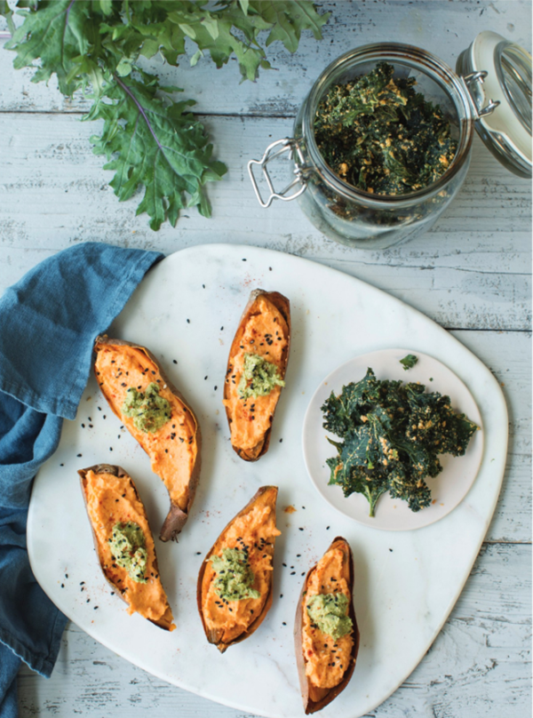 Sweet potato boats with avocado butter, horseradish sour cream, gomasio, and chili kale crisps