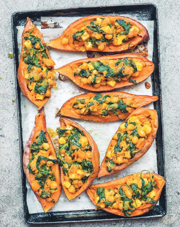 Sweet potato boats with chickpeas and spinach