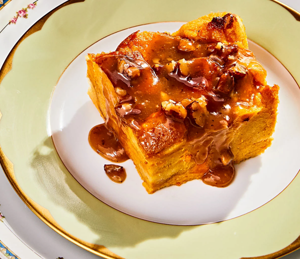 Sweet potato bread pudding with pecan praline sauce