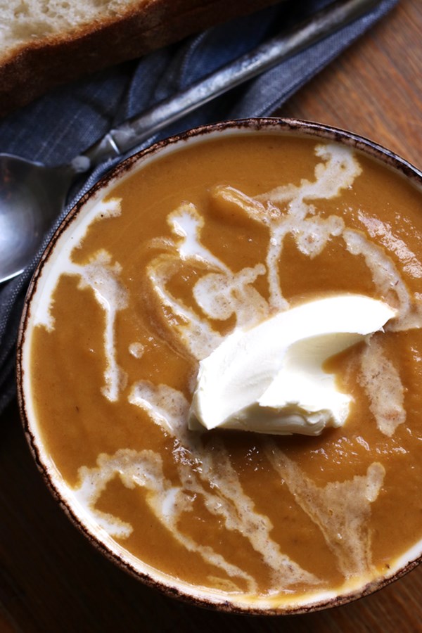 Sweet potato butternut apple soup with mascarpone
