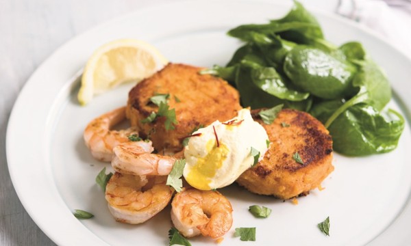 Sweet potato cakes with grilled tiger prawns and ginger-saffron yoghurt