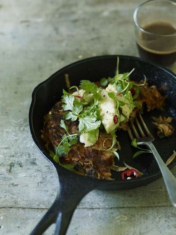 Sweet potato cakes with lime and avocado