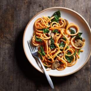 Sweet potato carbonara with spinach & mushrooms