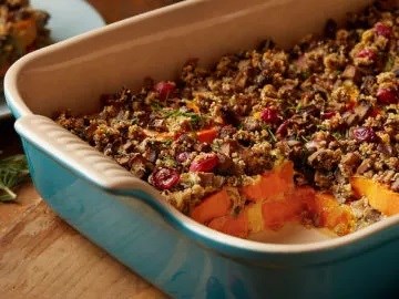 Sweet potato casserole with herbed mushroom stuffing