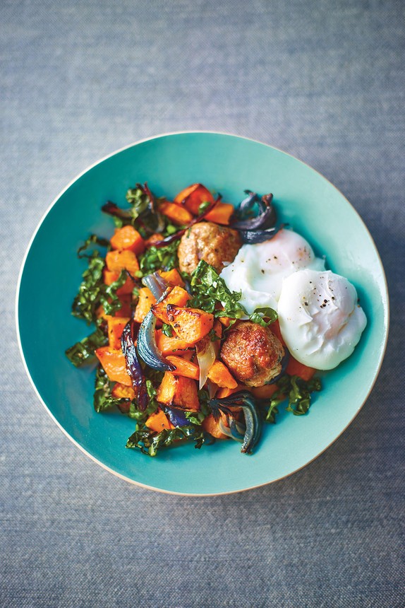 Sweet potato, cavolo nero and rosemary meatball hash with poached eggs 