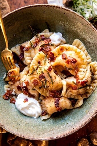 Sweet potato cheddar pierogi with bacon bits