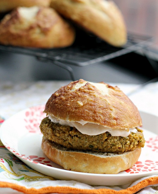 Sweet potato chickpea quinoa burgers on homemade salted pretzel rolls