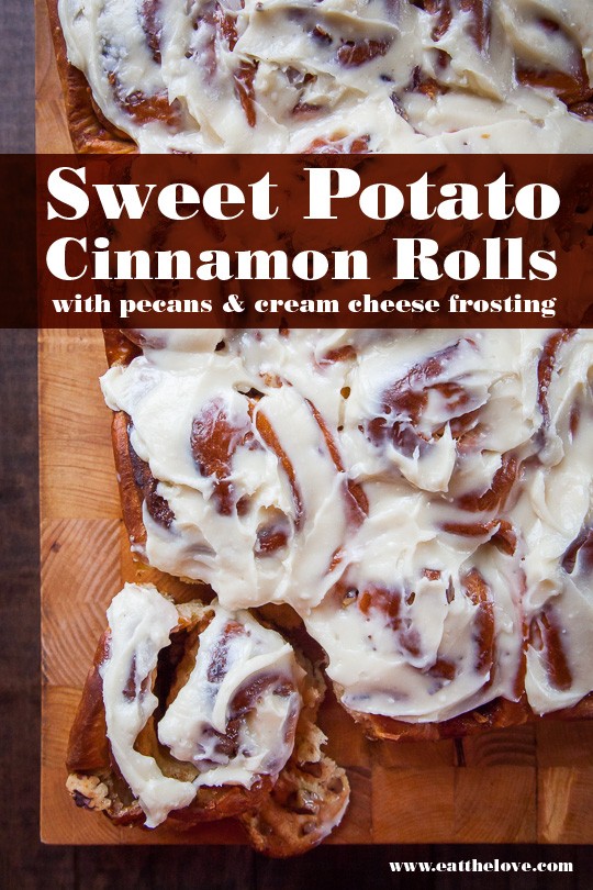 Sweet potato cinnamon rolls with pecans and cream cheese frosting