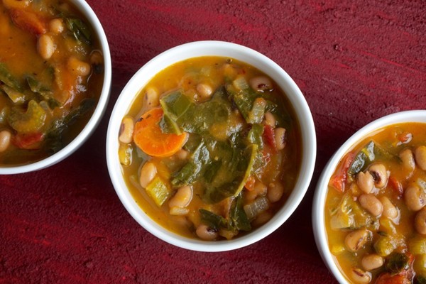 Sweet potato, collard and black-eyed pea soup