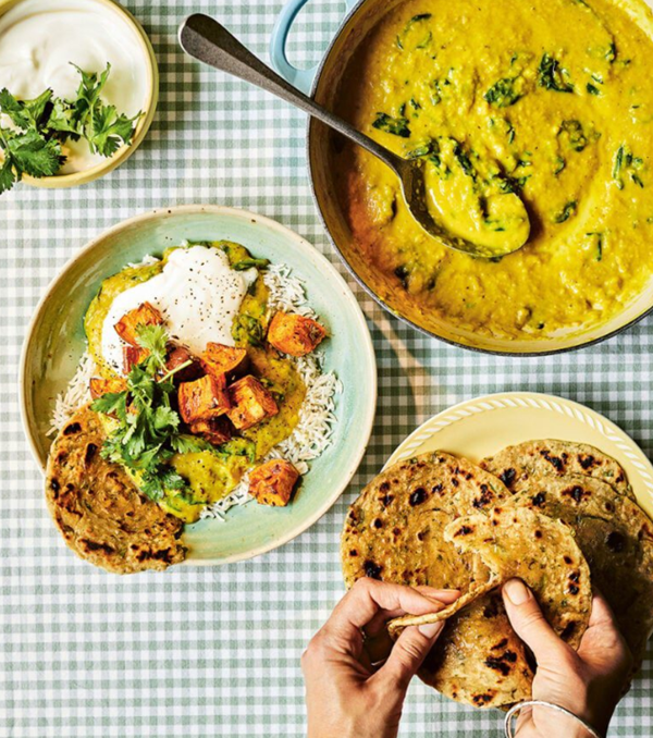 Sweet potato dahl with butterbean parathas