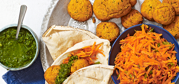 Sweet potato falafel with coriander chutney and carrot salad