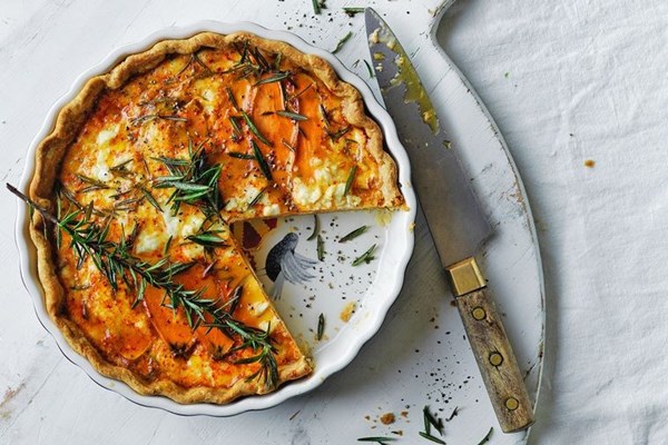 Sweet potato, feta & caramelised onion quiche