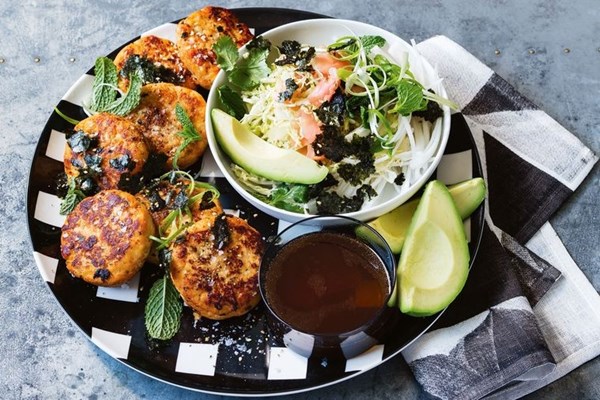 Sweet potato fish cakes with Japanese-style slaw