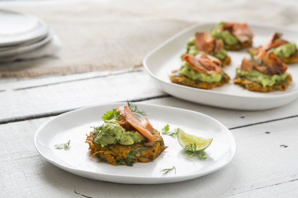 Sweet potato fritters with smashed avocado and salmon