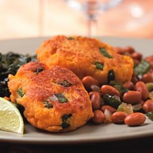 Sweet potato fritters with smoky pinto beans