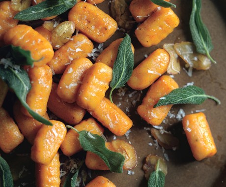 Sweet potato gnocchi with fried sage and shaved chestnuts