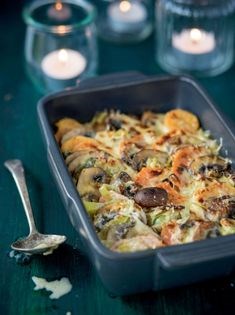 Sweet potato gratin with mushrooms and leeks
