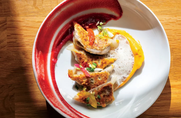 Sweet potato gyoza with beet puree