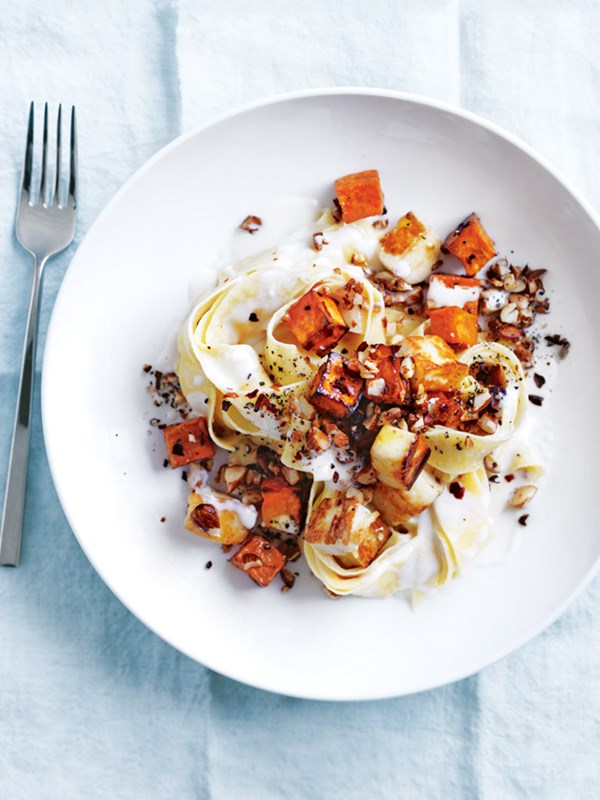 Sweet potato, haloumi and almond pappardelle